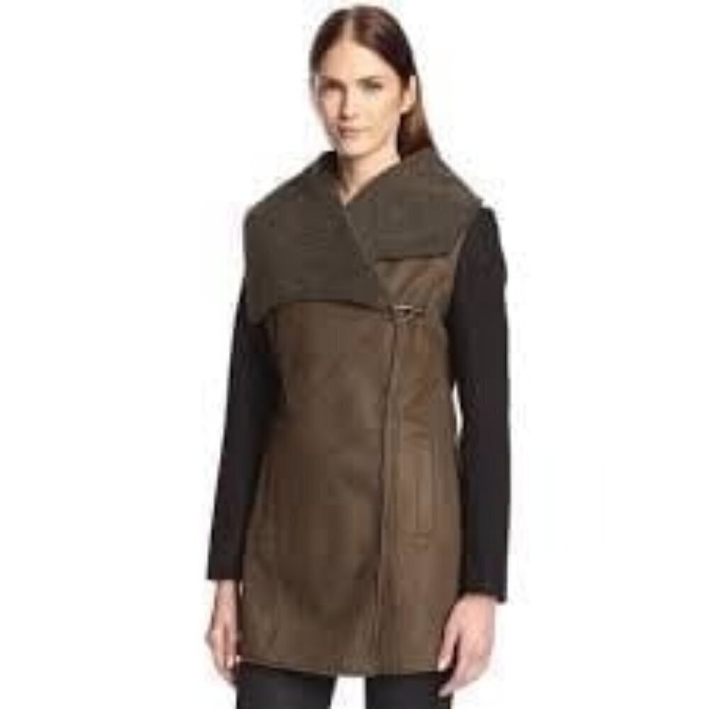Faux Leather & Wool SAM EDELMAN Fleece Lined Shawl Coat Large Sherpa Lined